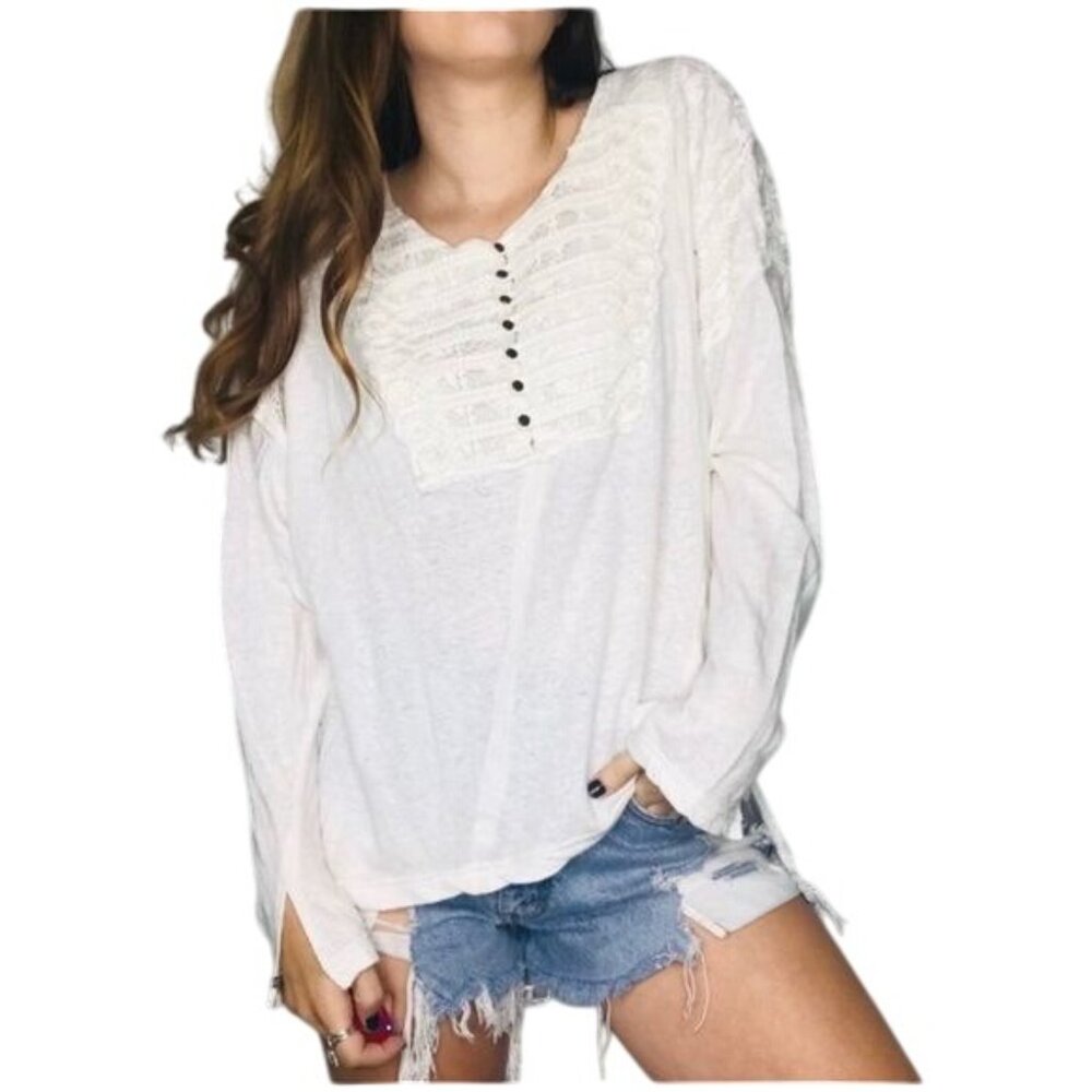 Free People Military White Lace Linen Oversized Long Sleeve Henley
